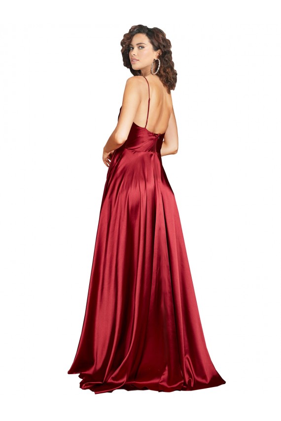 Affordable Sleeveless Cowl Neck Silky Satin Burgundy Long Black Tie Prom Dress Canada