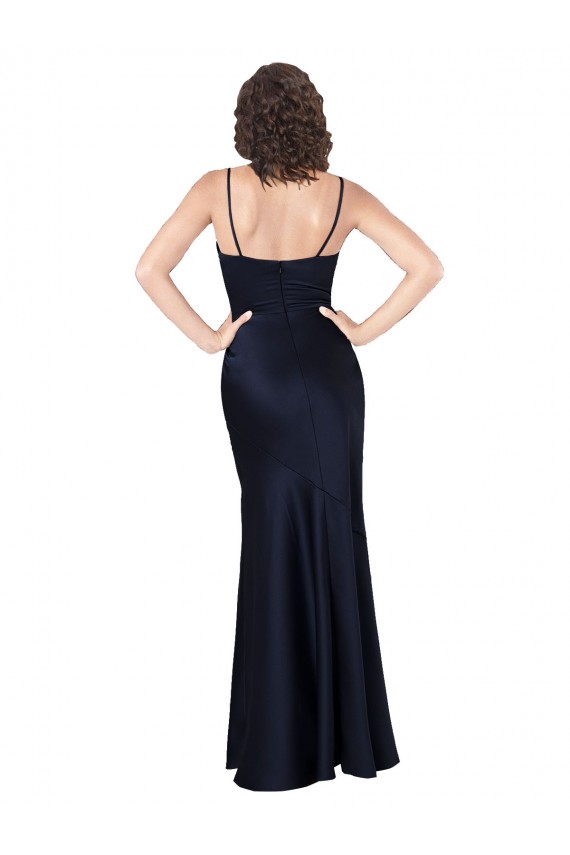 Affordable Sleeveless Cowl Neck Silky Satin Dark Navy Long Black Tie Prom Dress Canada