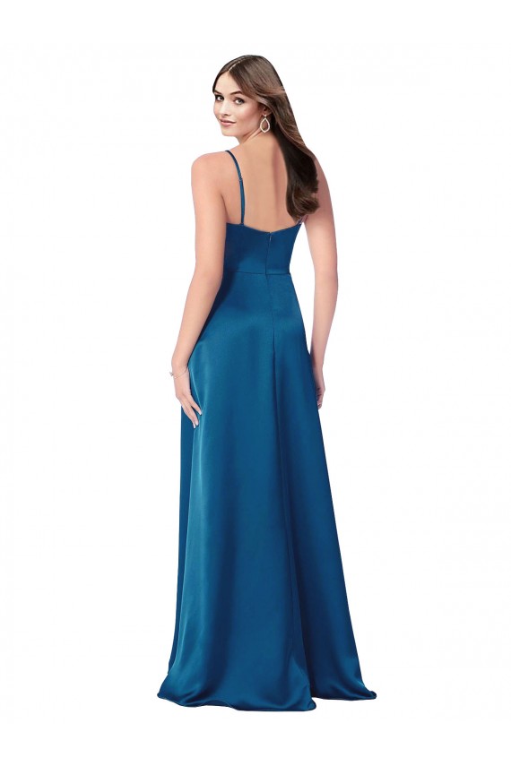 Affordable Sleeveless Cowl Neck Silky Satin Peacock Blue Long Prom Dress Canada