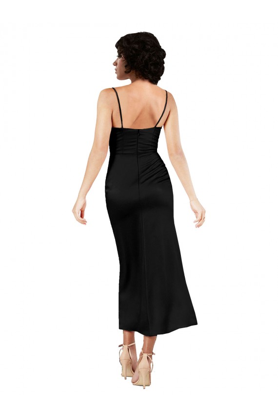 Affordable Sleeveless Cowl Neck Silky Satin Black Tea Length Prom Dress Canada