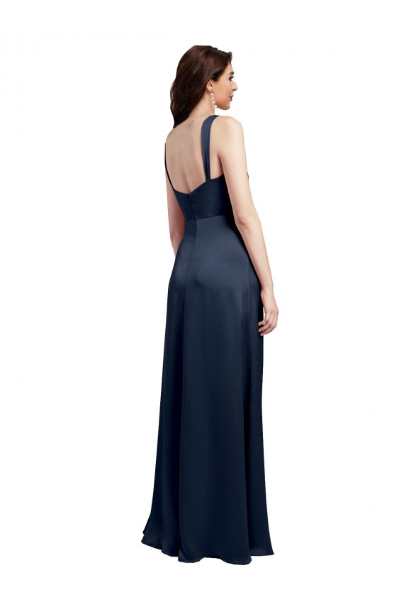 Affordable Sleeveless Cowl Neck Stretch Satin Dark Navy Long Prom Dress Canada
