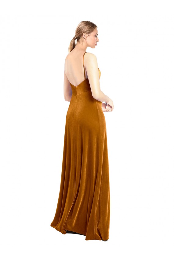 Affordable Sleeveless Cowl Neck Stretch Velvet Gold Long Prom Dress Canada