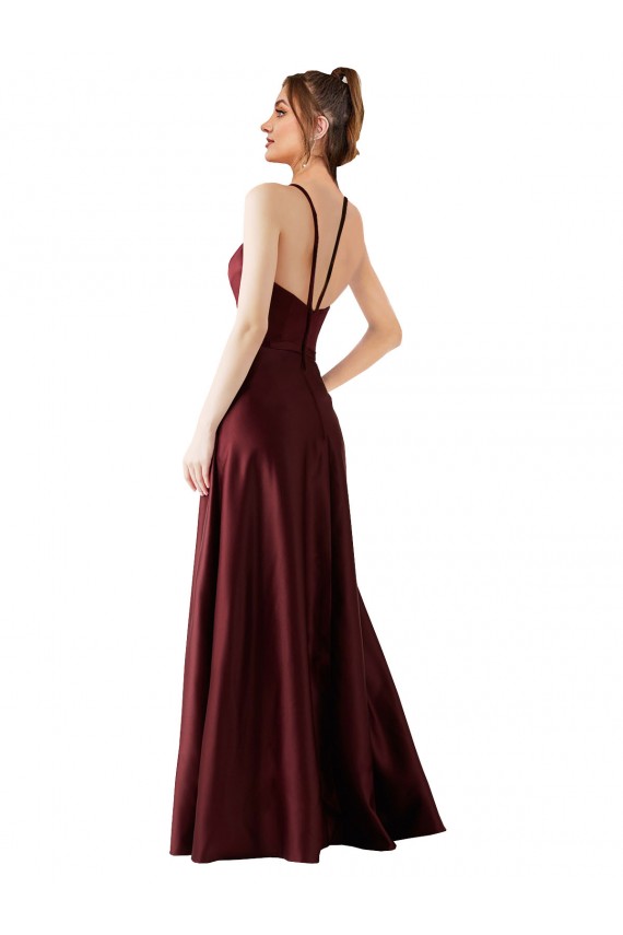 Affordable Sleeveless Halter Neck Satin Burgundy Gold Long Prom Dress Canada