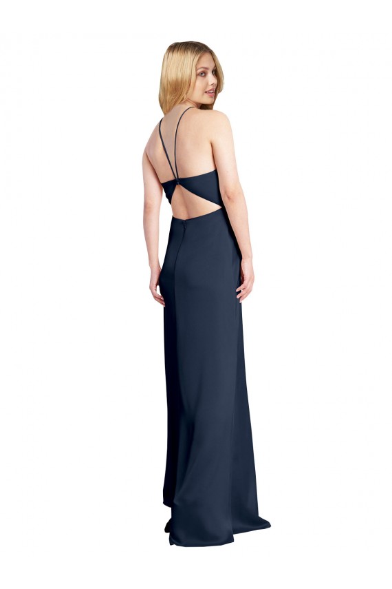 Affordable Sleeveless Halter Neck Stretch Satin Dark Navy Long Criss Cross Open Back Prom Dress Canada