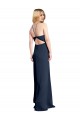 Affordable Sleeveless Halter Neck Stretch Satin Dark Navy Long Criss Cross Open Back Prom Dress Canada