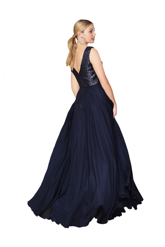 Affordable Sleeveless High Neck Soft Chiffon & Sequin Dark Navy Long Prom Dress Canada