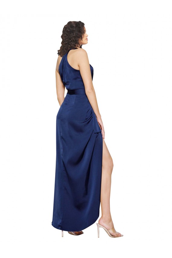 Affordable Sleeveless High Neck Silky Satin Sapphire Long High Low Prom Dress Canada