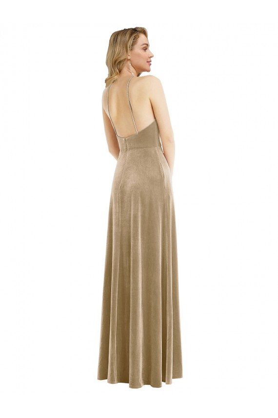 Affordable Sleeveless High Neck Stretch Velvet Champagne Long Prom Dress Canada