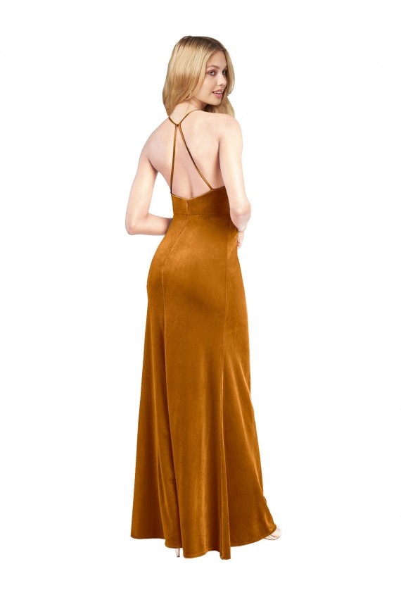 Affordable Sleeveless High Neck Stretch Velvet Gold Long Prom Dress Canada
