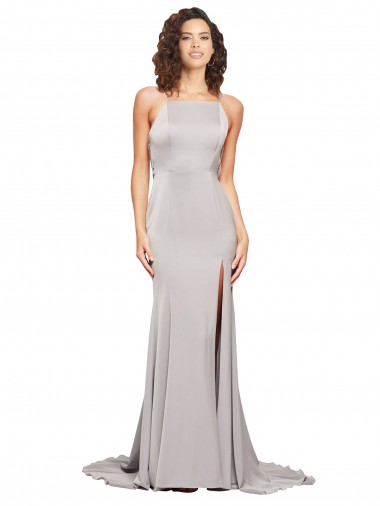 Affordable Sleeveless High Neck Stretch Satin Sweep Train Prom Dress Canada