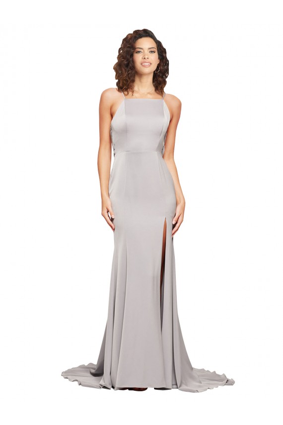 Affordable Sleeveless High Neck Stretch Satin Sweep Train Prom Dress Canada