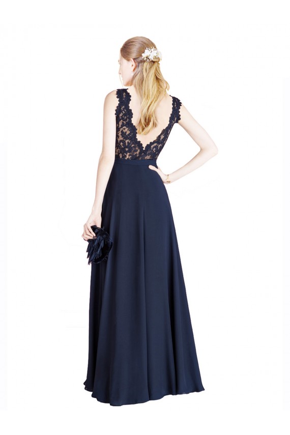 Affordable Sleeveless Illusion Neck Soft Chiffon & Lace Dark Navy Long Prom Dress Canada