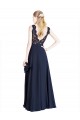 Affordable Sleeveless Illusion Neck Soft Chiffon & Lace Dark Navy Long Prom Dress Canada