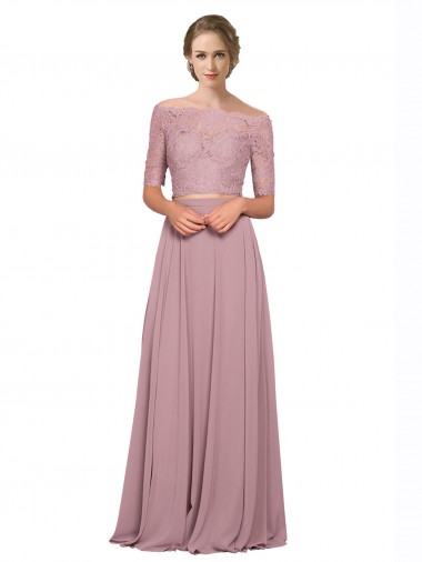 Affordable Short Sleeves Off the Shoulder Soft Chiffon & Lace Long Prom Dress Canada