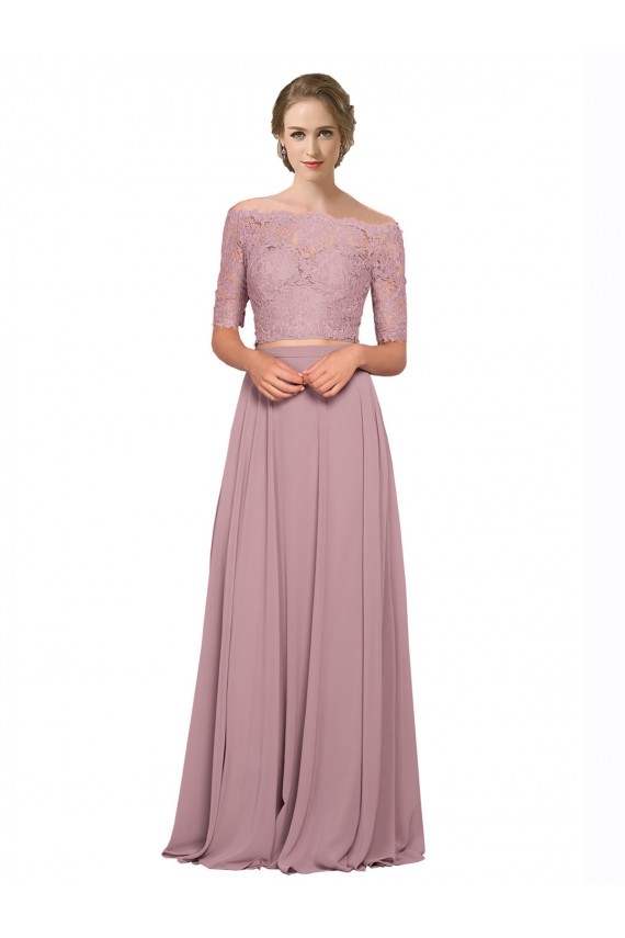 Affordable Short Sleeves Off the Shoulder Soft Chiffon & Lace Long Prom Dress Canada