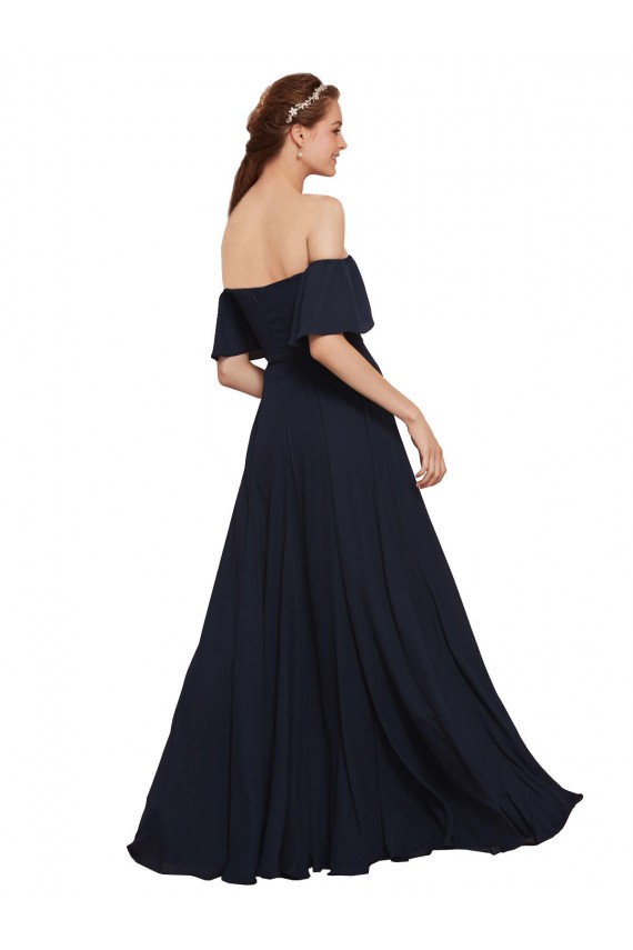 Affordable Sleeveless Off the Shoulder Soft Chiffon Dark Navy Long Prom Dress Canada