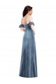 Affordable Ruffle Sleeves Off the Shoulder Stretch Velvet Dusty Blue Long Prom Dress Canada