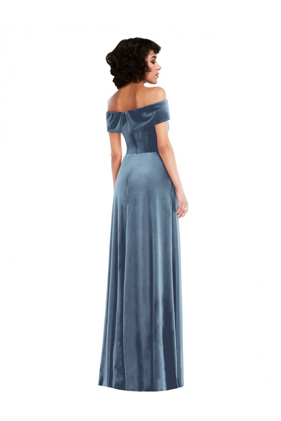 Affordable Sleeveless Off the Shoulder Stretch Velvet Dusty Blue Long Prom Dress Canada