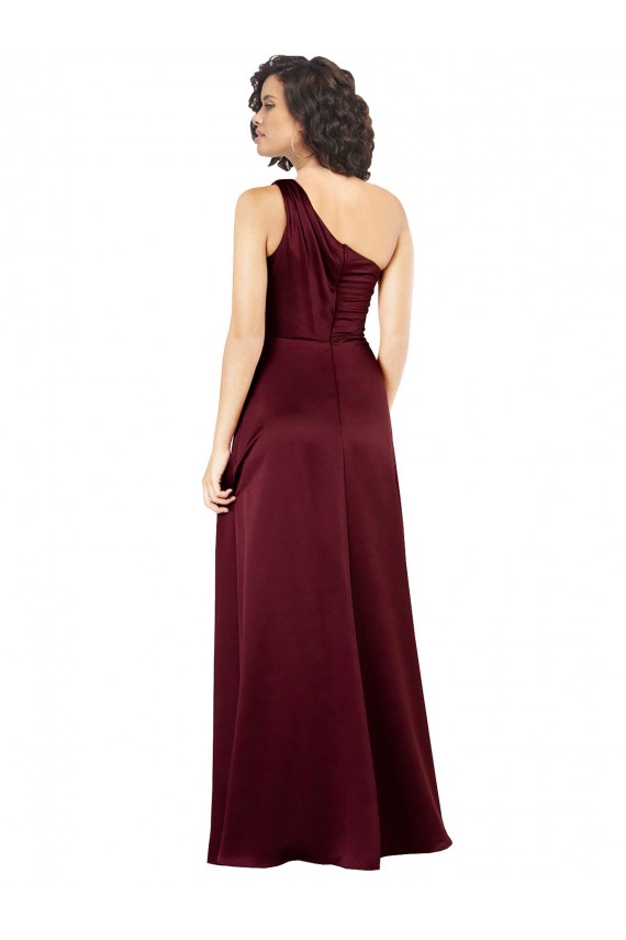 Affordable Sleeveless One Shoulder Silky Satin Burgundy Long Prom Dress Canada