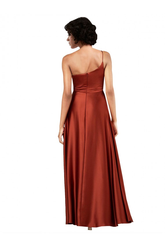 Affordable Sleeveless One Shoulder Silky Satin Burnt Orange Long Black Tie Prom Dress Canada