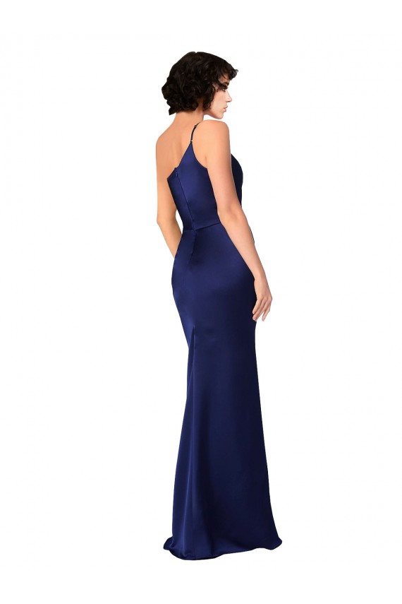 Affordable Sleeveless One Shoulder Silky Satin Sapphire Long Black Tie Prom Dress Canada