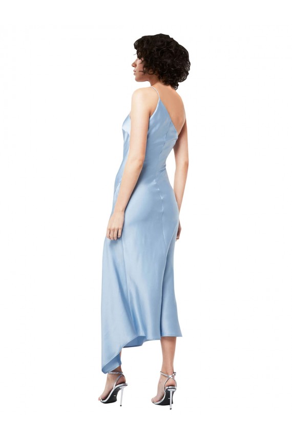 Affordable Sleeveless One Shoulder Silky Satin Light Sky Blue Midi Length Prom Dress Canada
