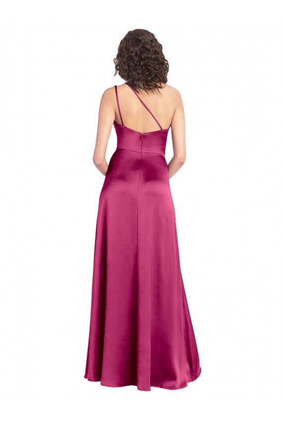 Affordable Sleeveless One Shoulder Stretch Satin Fuchsia Long Open Back Prom Dress Canada