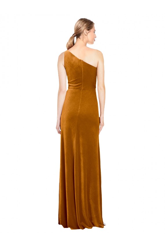Affordable Sleeveless One Shoulder Stretch Velvet Gold Long Prom Dress Canada