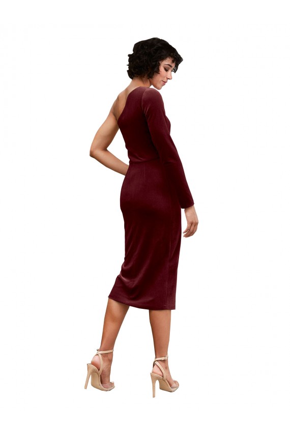 Affordable Long Sleeves One Shoulder Stretch Velvet Burgundy Midi Length Black Tie Prom Dress Canada