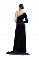 Affordable Long Sleeves One Shoulder Stretch Velvet Dark Navy Sweep Train Prom Dress Canada