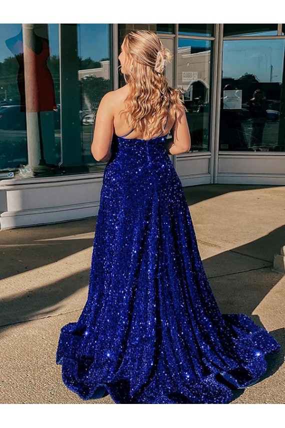 Affordable Sleeveless One Shoulder Velvet Sequin Royal Blue Sweep Train Prom Dress Canada