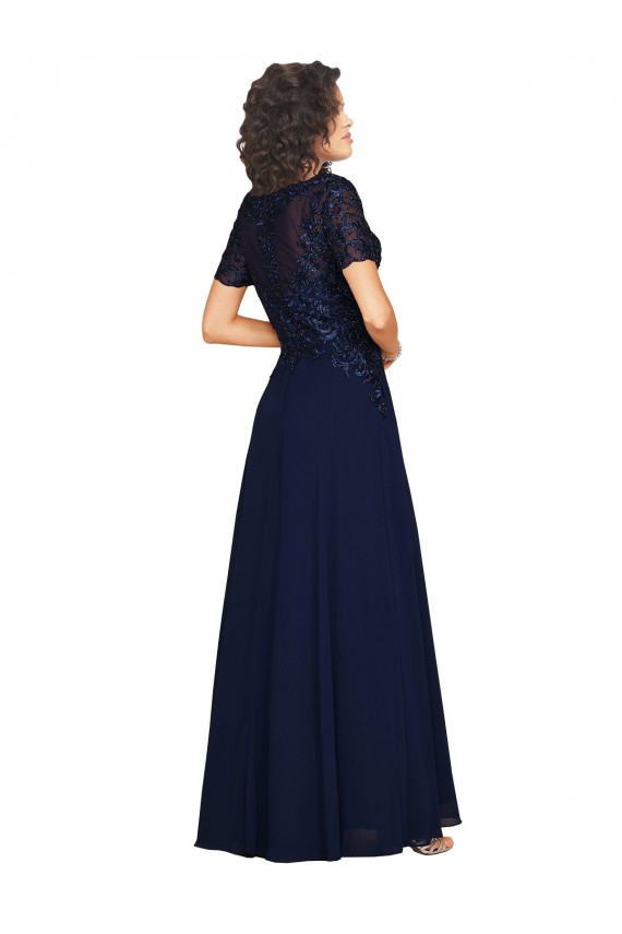 Affordable Short Sleeves Round Neck Soft Chiffon Dark Navy Long Prom Dress Canada