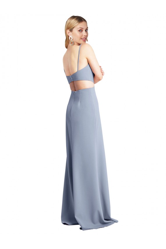 Affordable Sleeveless Scoop Neck Stretch Crepe Smoke Blue Long Prom Dress Canada