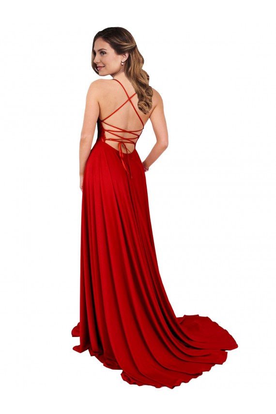 Affordable Sleeveless Square Neck Spandex & Lace Red Long Prom Dress Canada