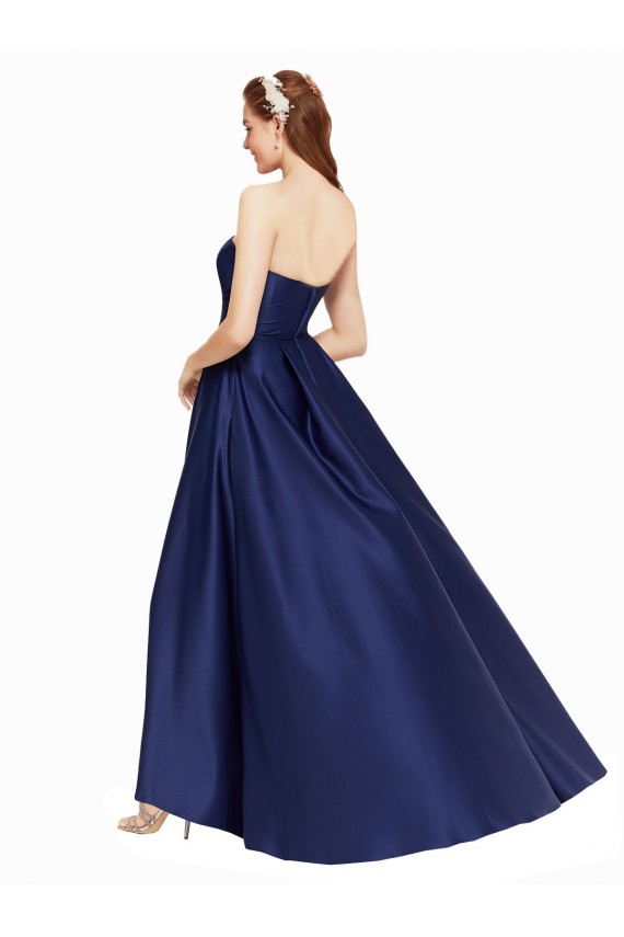 Affordable Sleeveless Strapless Satin Dark Navy Long High Low Prom Dress Canada