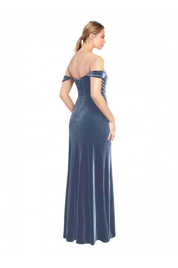 Affordable Sleeveless Strapless Stretch Velvet Dusty Blue Long Prom Dress Canada