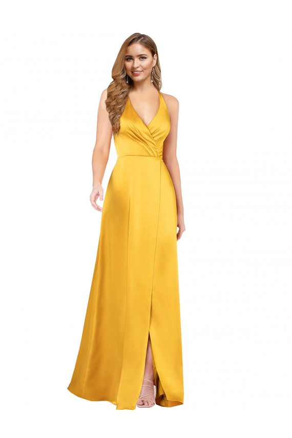 Affordable Sleeveless V-Neck Silky Satin Long Prom Dress Canada