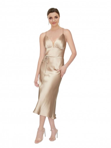 Affordable Sleeveless V-Neck Silky Satin Midi Length Prom Dress Canada