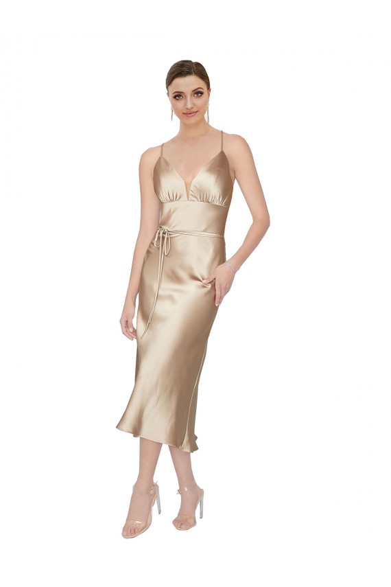 Affordable Sleeveless V-Neck Silky Satin Midi Length Prom Dress Canada