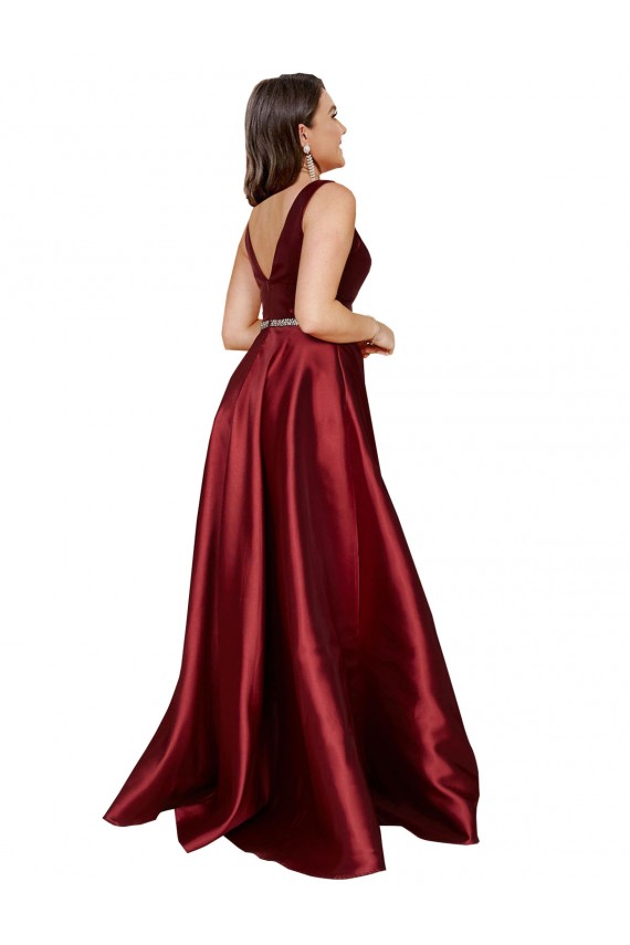 Affordable Sleeveless V-Neck Satin Burgundy Long Plus Size Formal Prom Dress Canada