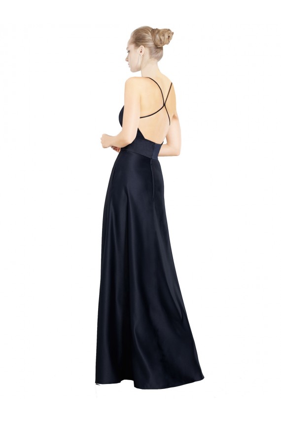 Affordable Sleeveless Spaghetti Straps Satin Dark Navy Long Prom Dress Canada