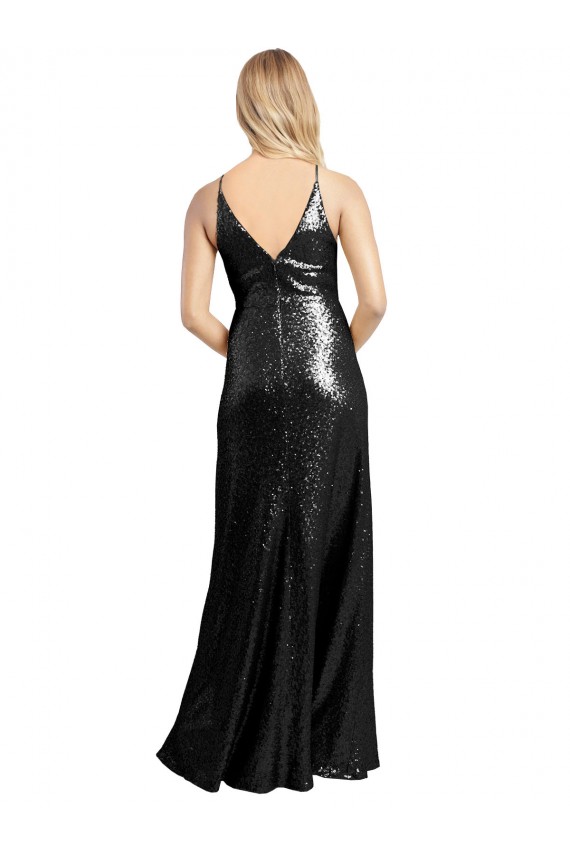 Affordable Sleeveless V-Neck Sequin Black Long Prom Dress Canada