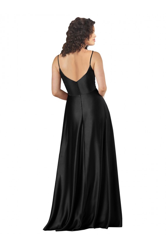 Affordable Sleeveless V-Neck Silk like Satin Black Long Low Back Prom Dress Canada