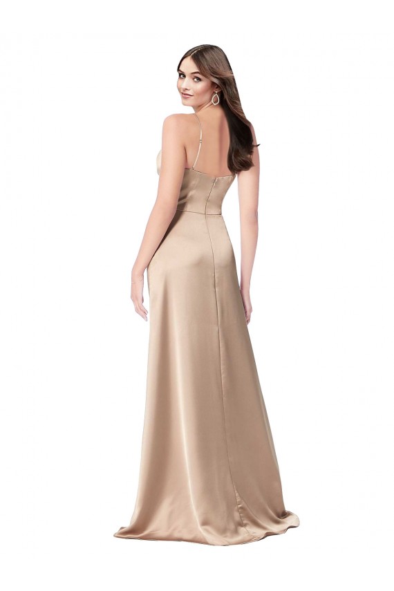 Affordable Sleeveless V-Neck Silky Satin Champagne Pink Long Prom Dress Canada