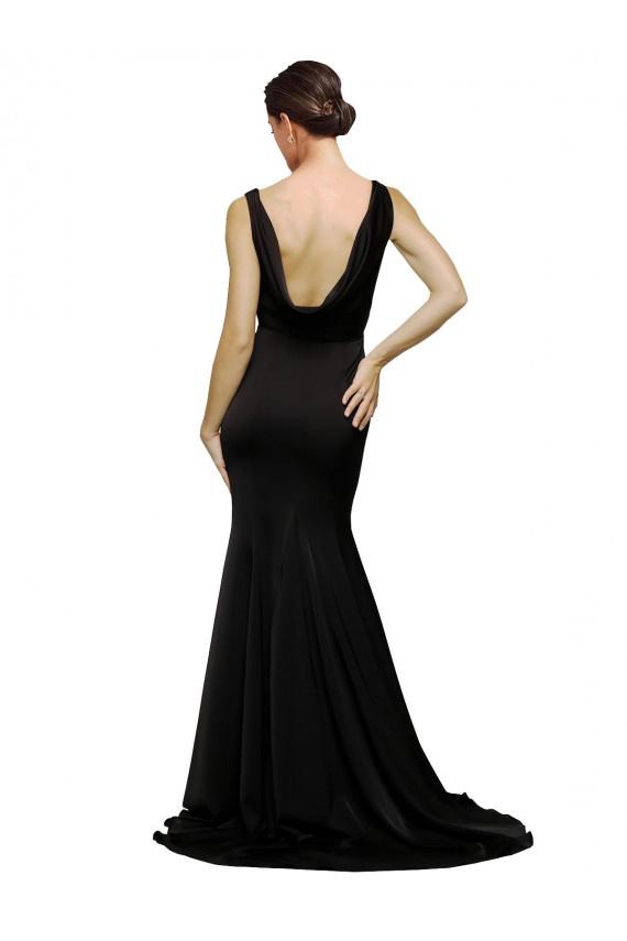 Affordable Sleeveless V-Neck Silky Satin Black Sweep Train Prom Dress Canada