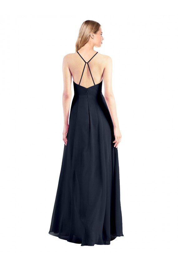 Affordable Sleeveless V-Neck Soft Chiffon Dark Navy Long Prom Dress Canada