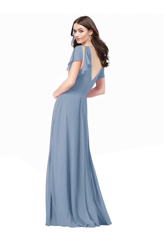 Affordable Cap Sleeves V-Neck Soft Chiffon Dusty Blue Long Black Tie Prom Dress Canada