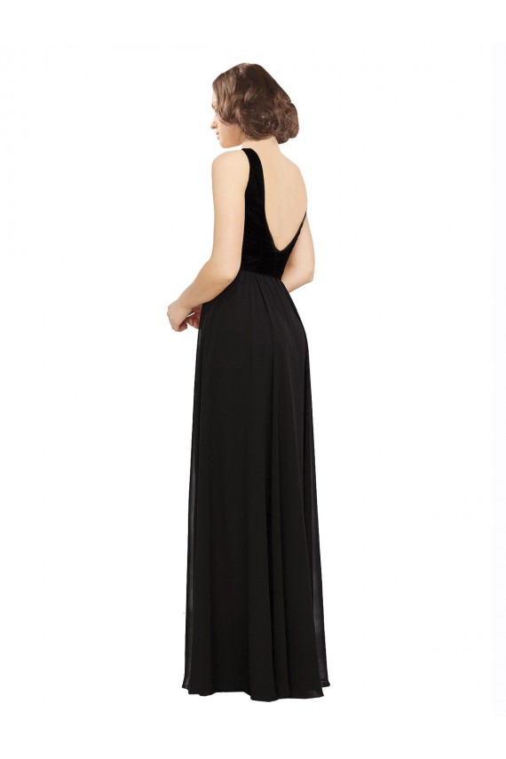Affordable Sleeveless V-Neck Soft Chiffon & Velvet Black Long Prom Dress Canada