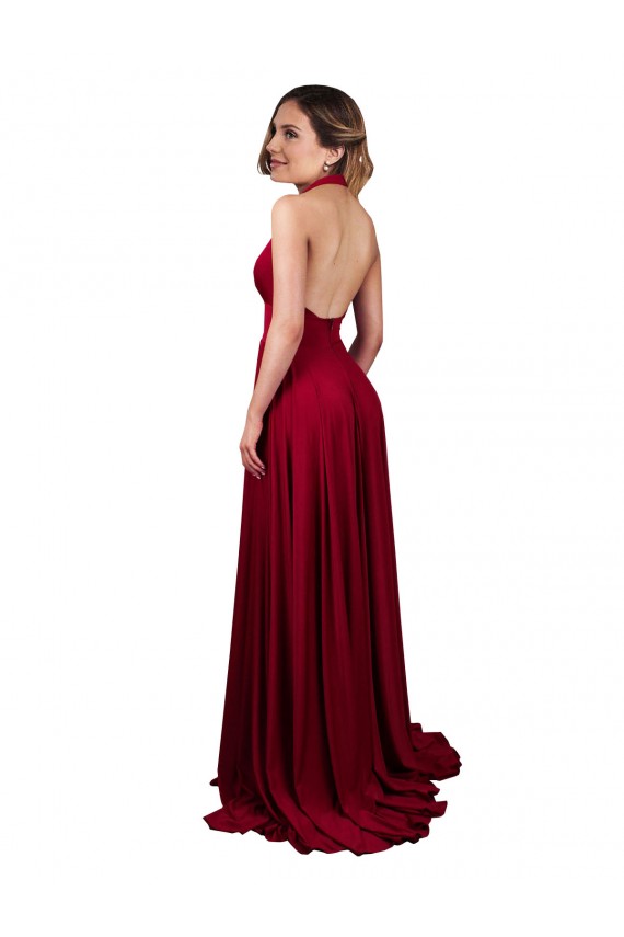 Affordable Sleeveless V-Neck Spandex Burgundy Long Black Tie Prom Dress Canada
