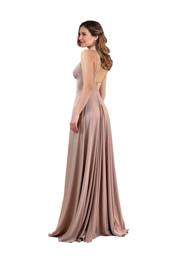Affordable Sleeveless V-Neck Spandex Dusty Pink Long Black Tie Prom Dress Canada